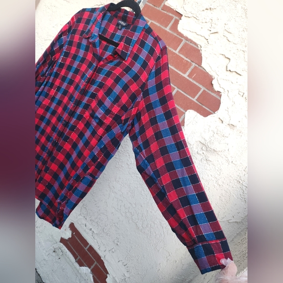 XL women LUCKY BRAND plaid button long sleeve red black split back - Picture 9 of 16